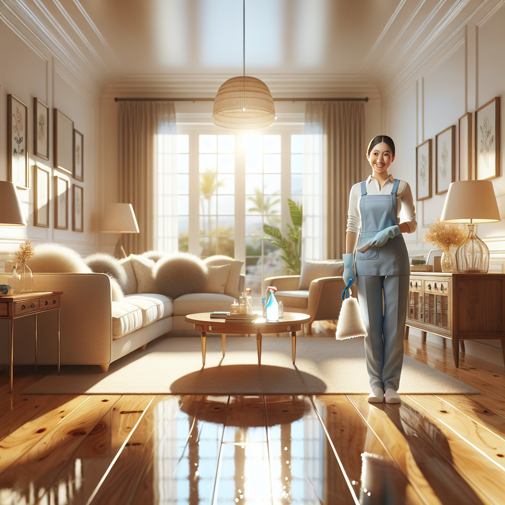 A clean and organized living room with a professional cleaner, showcasing the importance of house cleaning services.