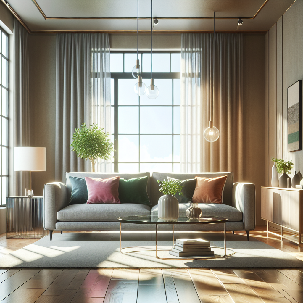 A clean and organized living room with a gray sofa, coffee table, and large window.