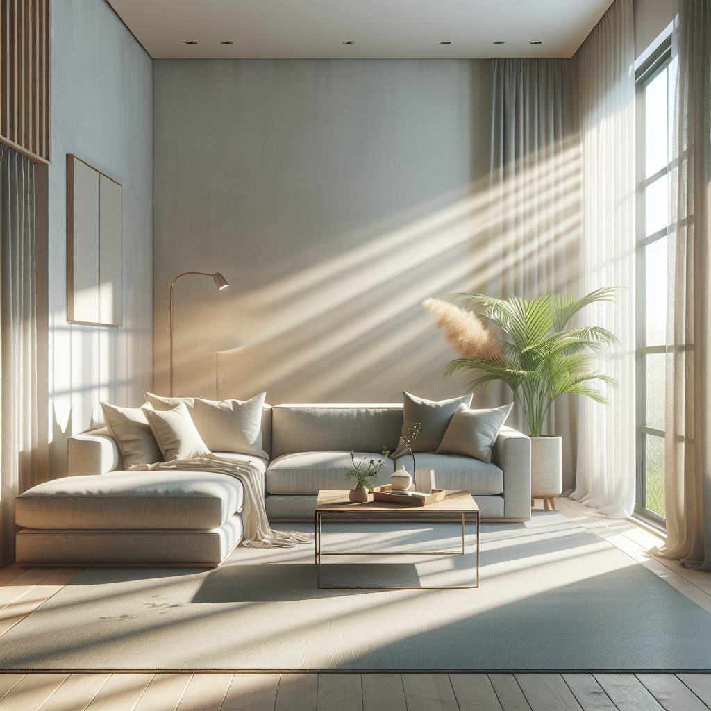 A modern, clean living room with a gray sofa and natural lighting.