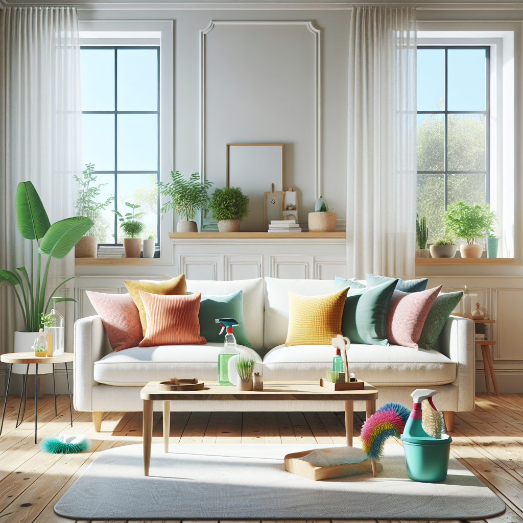 A clean and modern living room filled with natural light, decorated with plants and eco-friendly cleaning supplies.
