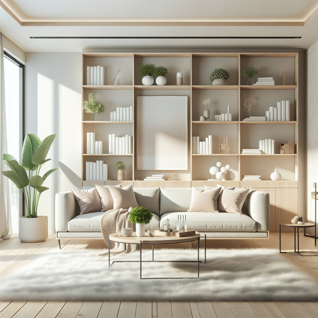 A clean and organized living room with modern furniture and natural light.