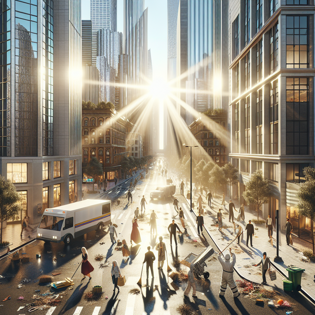 A bustling downtown city scene showing people and a cleaning crew at work.