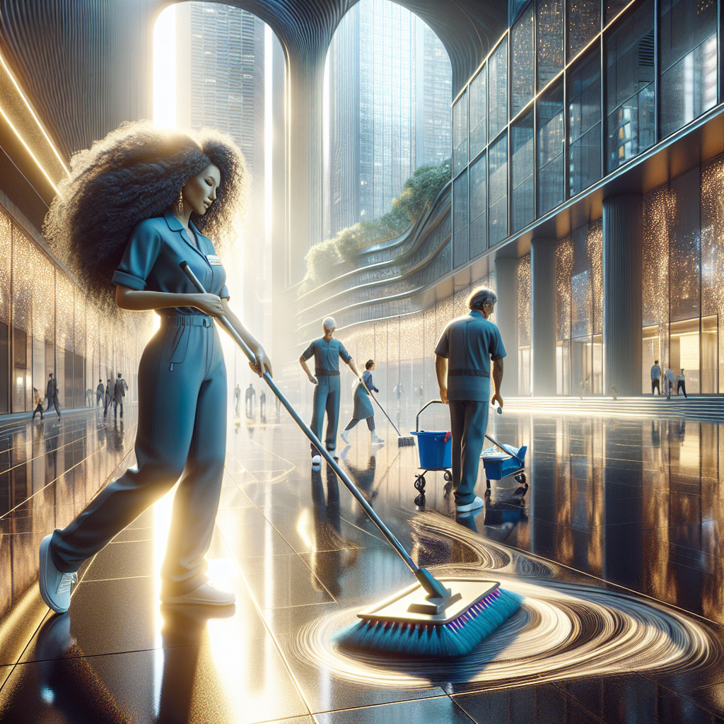 A diverse group of professional cleaners working in a vibrant downtown city scene.