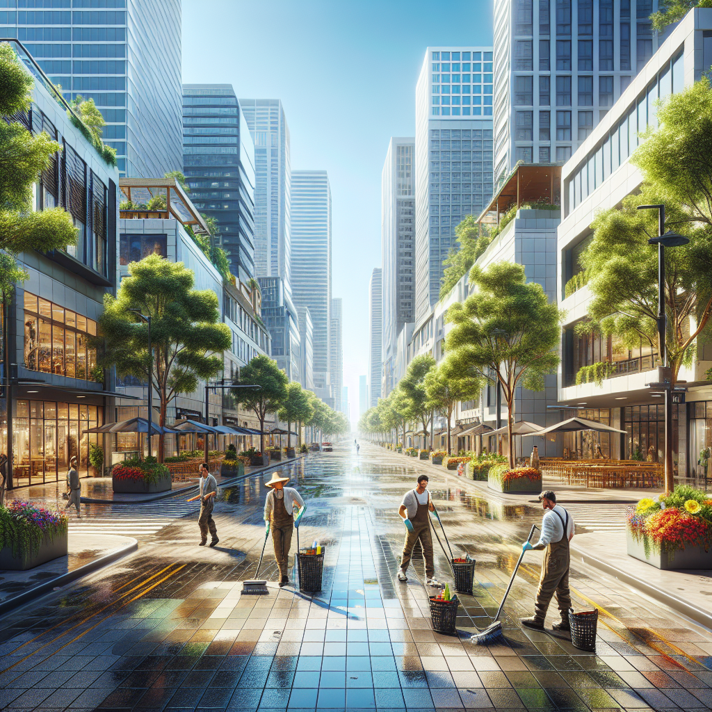 A bustling downtown street scene showcasing cleanliness with street cleaners and vibrant storefronts.