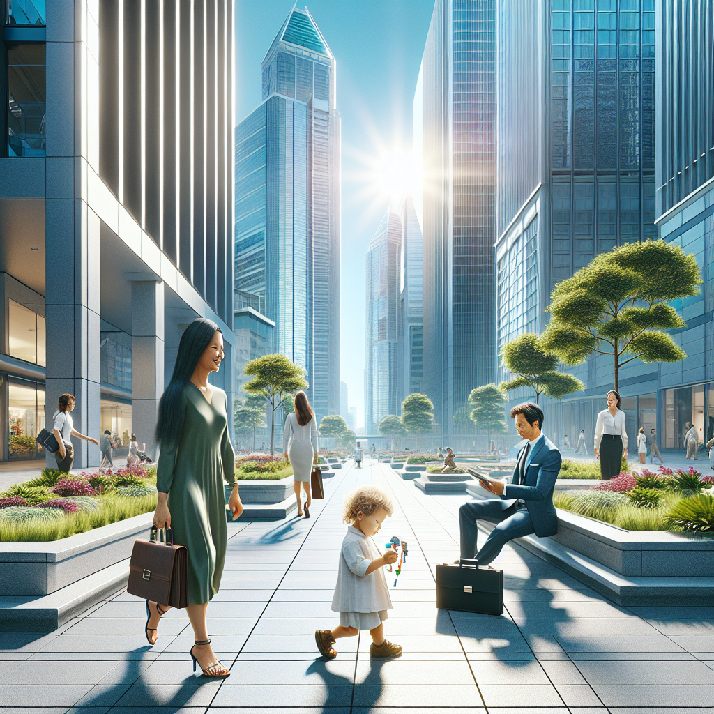 A busy downtown street scene with diverse people and clean surroundings.