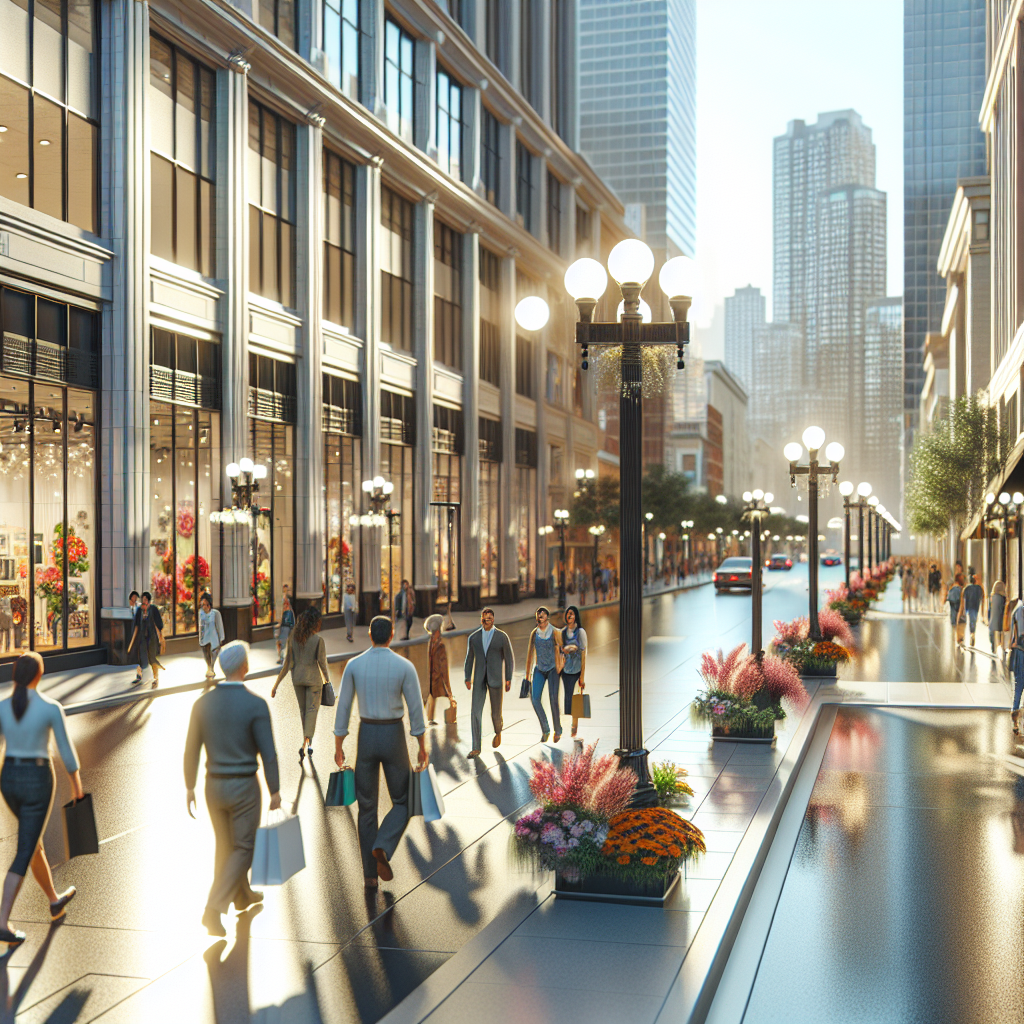 A vibrant downtown street scene with clean sidewalks, colorful flowers, and diverse pedestrians.