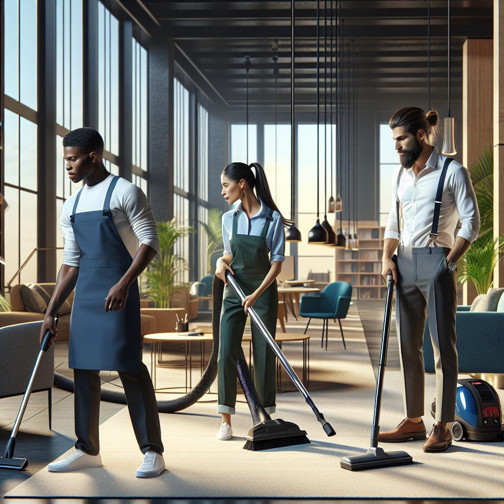 A professional cleaning team in a modern office, showcasing diversity and teamwork.