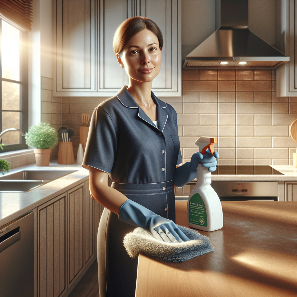 A professional cleaner using eco-friendly products in a bright kitchen.