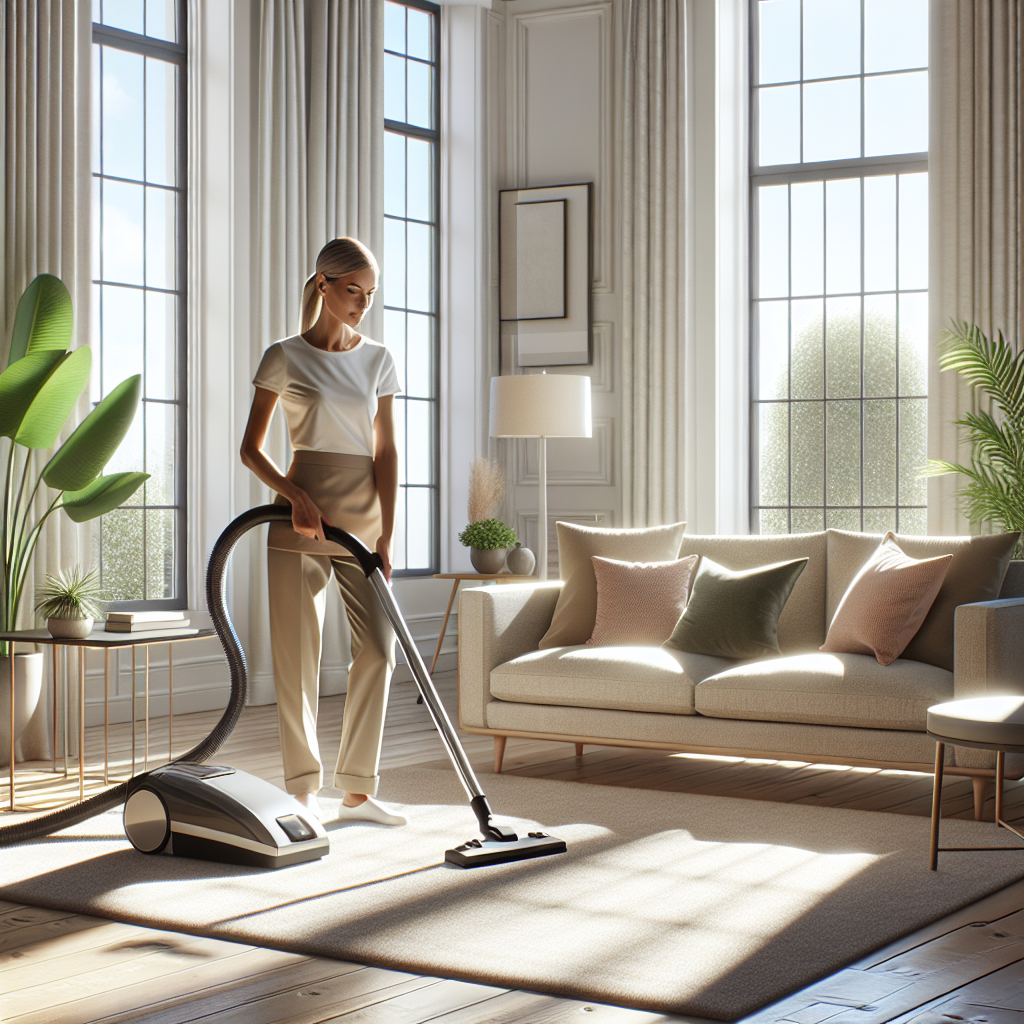 A professional cleaner vacuuming a bright and clean living space.
