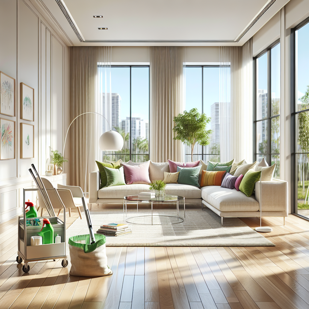 A modern, clean living room highlighting professional cleaning services.