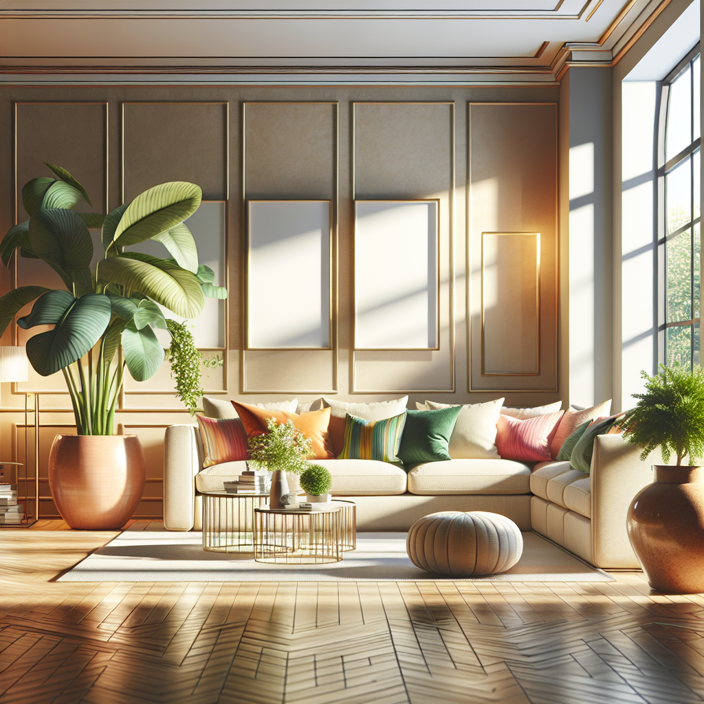 An organized and clean living room interior with a sofa, coffee table, and houseplant.