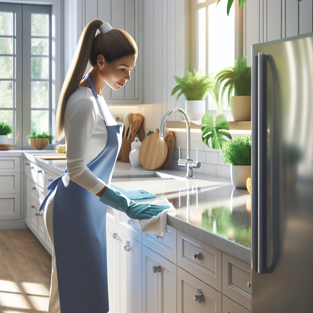 A professional cleaner actively cleaning a modern kitchen.