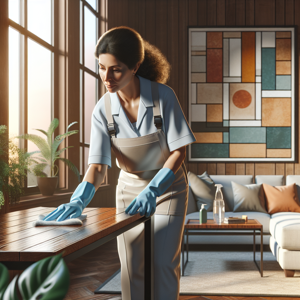 A professional cleaner working in a bright and inviting living room.