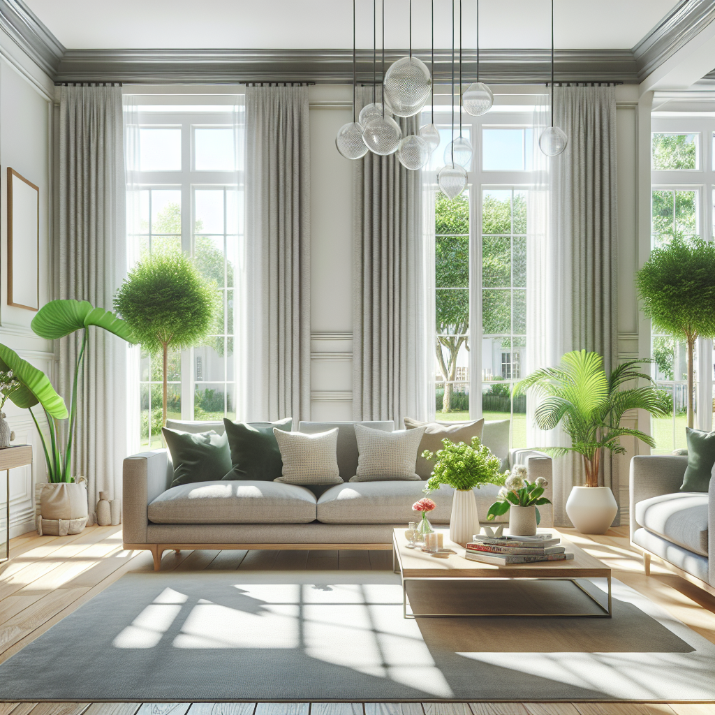 A clean and organized living room with bright natural light and comfortable furniture.