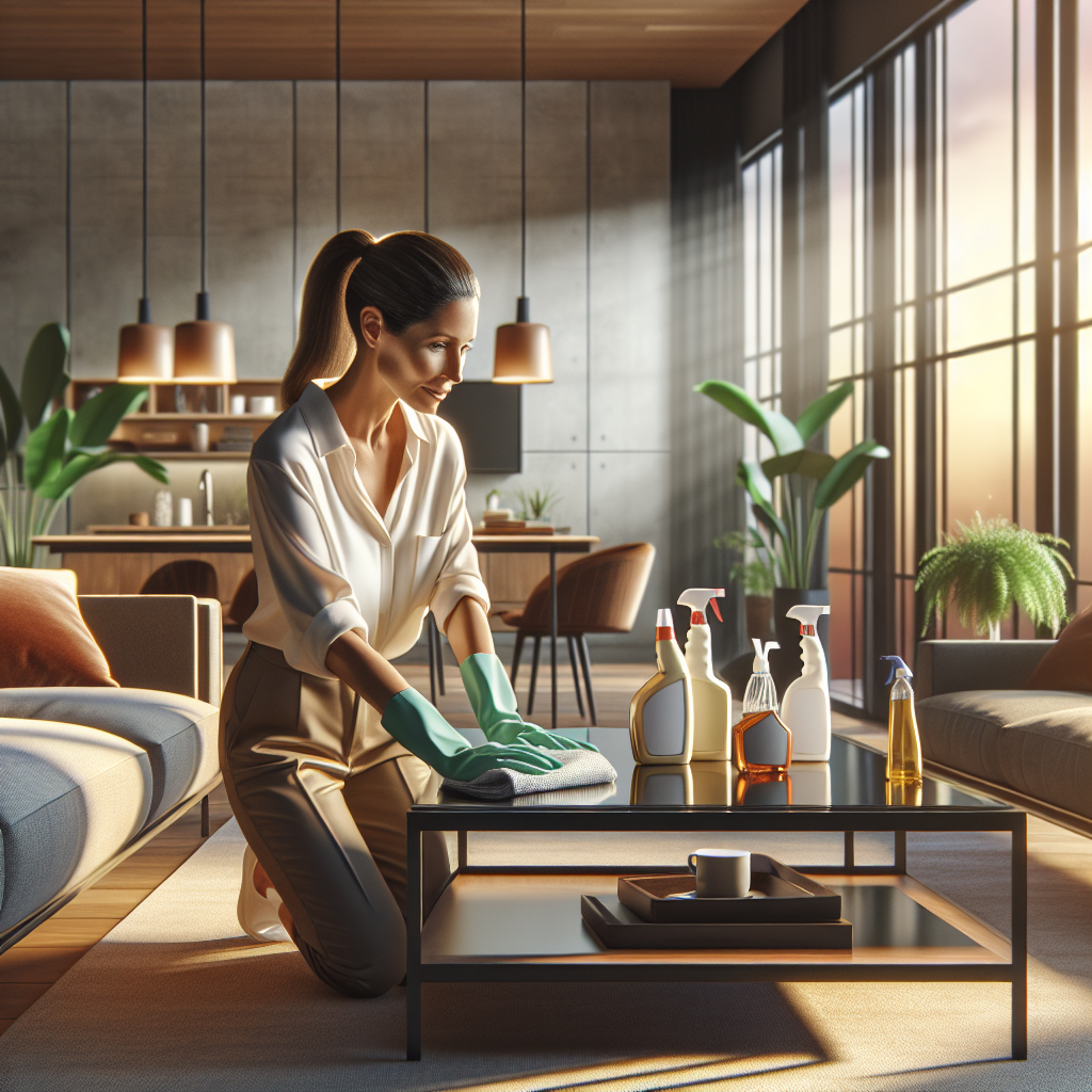 A professional cleaner in a modern living room using eco-friendly cleaning products.