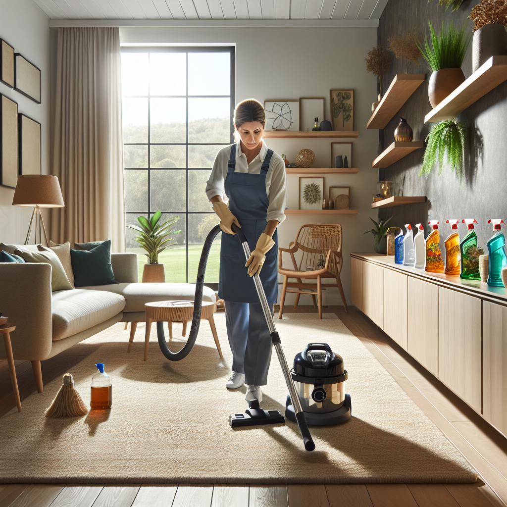 A professional cleaner using a vacuum in a cozy living room with eco-friendly products.