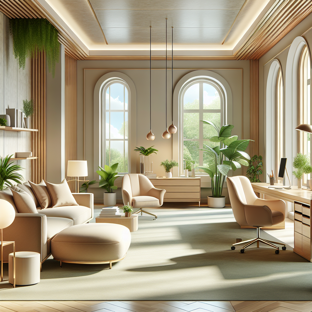 A clean and organized home office with bright natural light and elegant furniture.