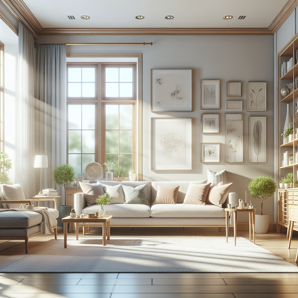 A bright and tidy modern living room that emphasizes cleanliness and organization.