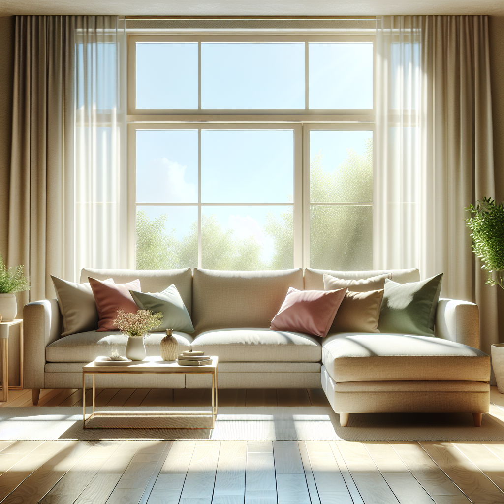 A clean and organized living room with a cozy couch and bright sunlight.