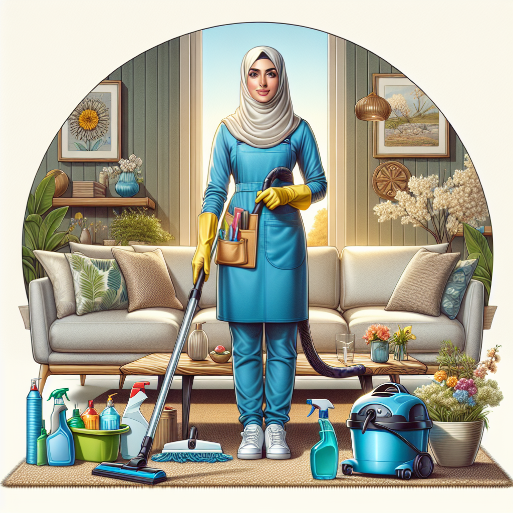 A cleaning professional using eco-friendly products in a clean, modern living room.