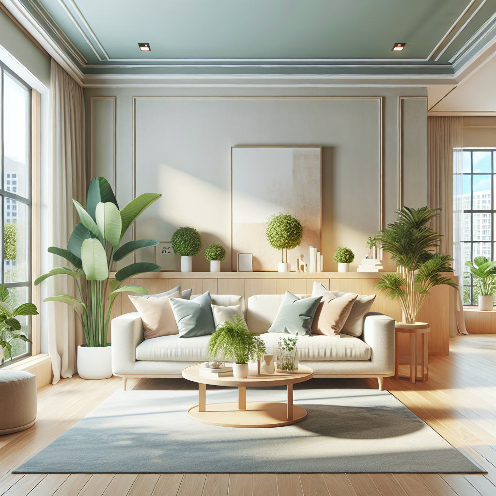 A pristine living room showcasing a cozy, clean atmosphere with soft furnishings.