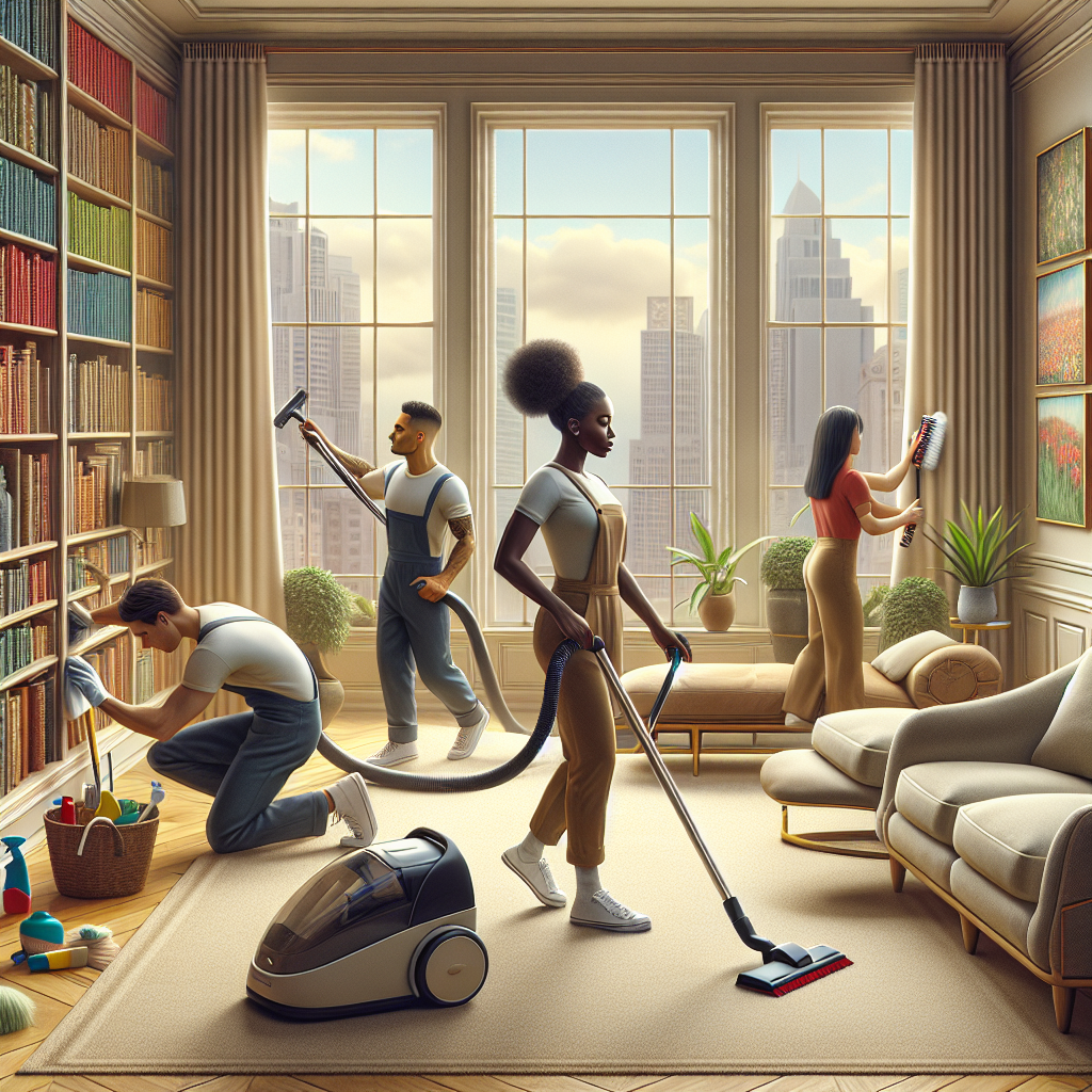 A diverse team of professional cleaners working in a bright, eco-friendly living room.