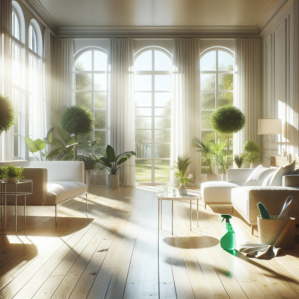 A clean and inviting living room with natural light and eco-friendly cleaning products.