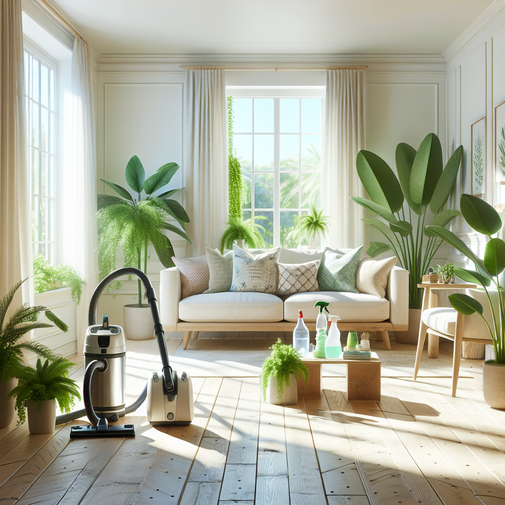 A clean and inviting modern home interior with sunlight, plants, and cleaning supplies.