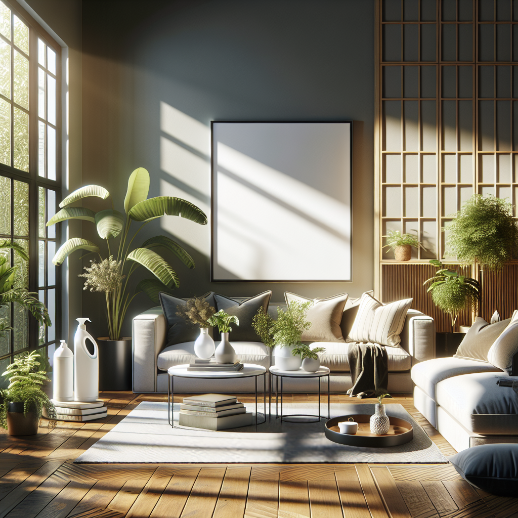 A clean and inviting living room with sunlight streaming through windows, showcasing eco-friendly cleaning products.