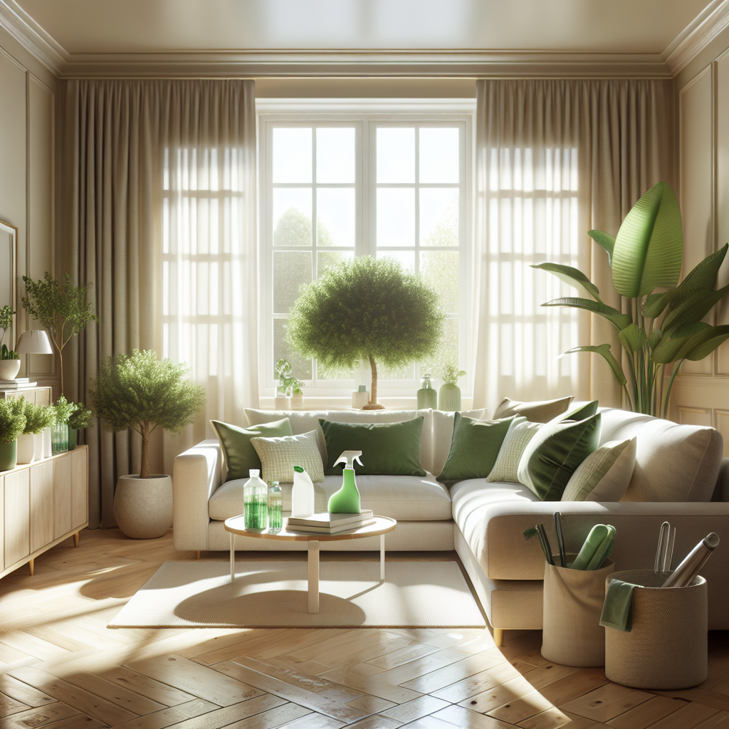 A clean and inviting living room with a beige couch, sunlight, and eco-friendly cleaning products.