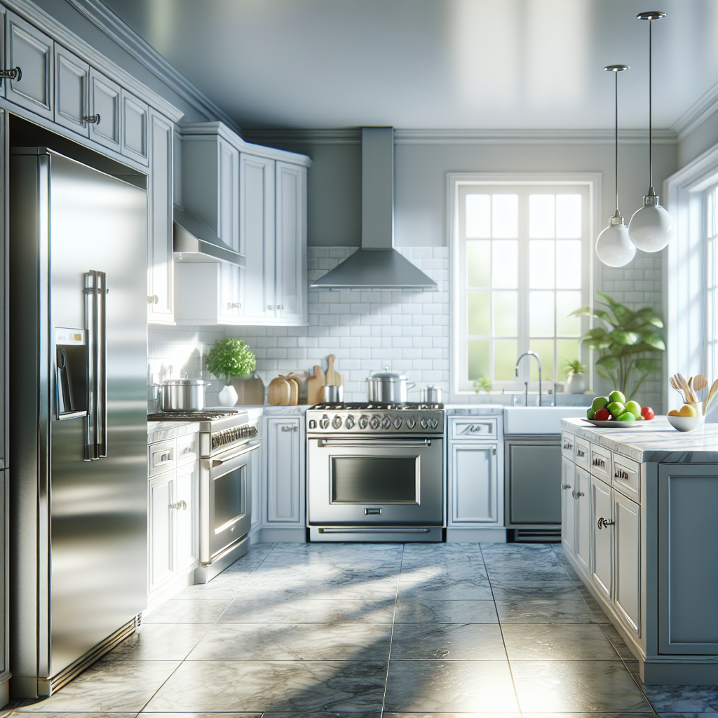 A pristine kitchen after deep cleaning, showcasing clean cabinets, appliances, and countertops.