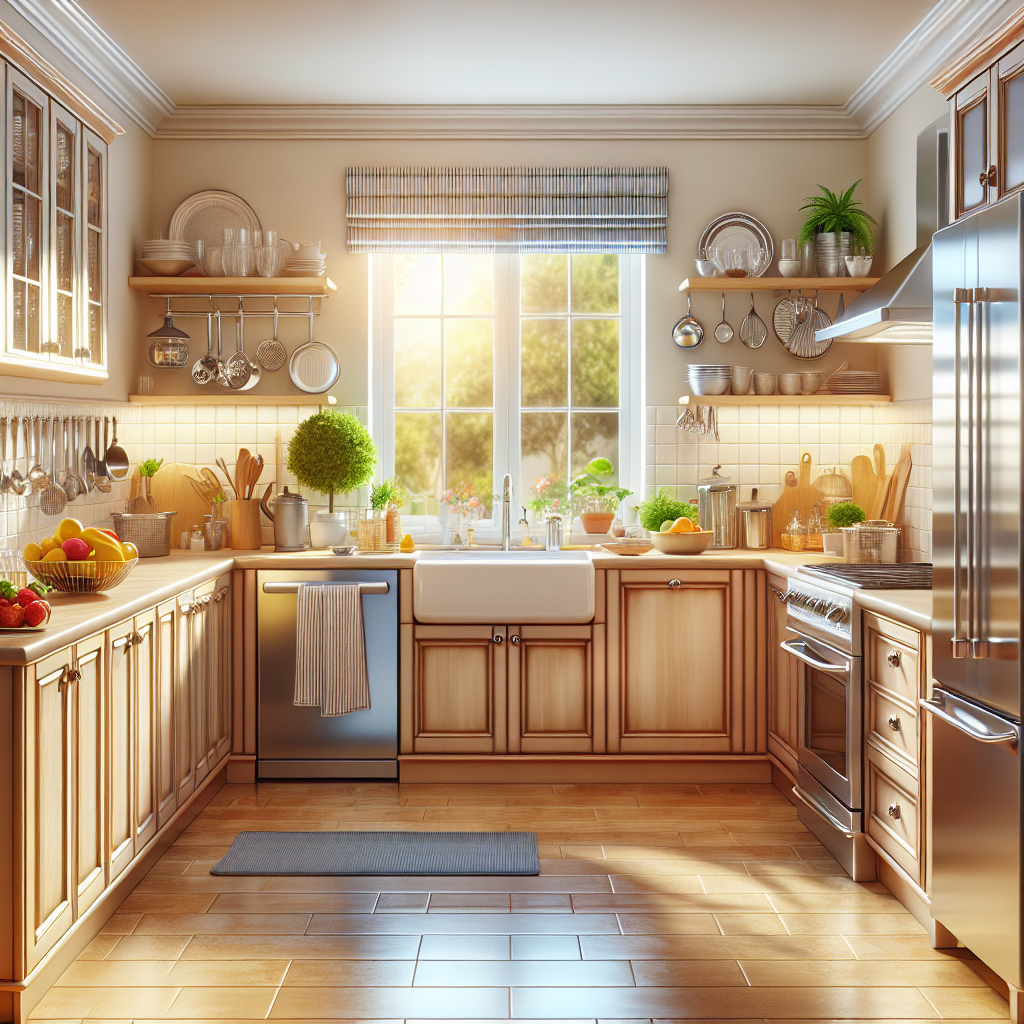 A pristine kitchen after deep cleaning, showcasing gleaming surfaces and organized appliances.