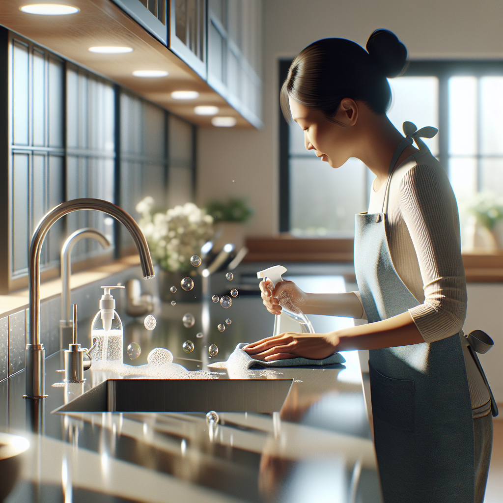 A modern kitchen being deep cleaned with a woman in an apron scrubbing the countertop.