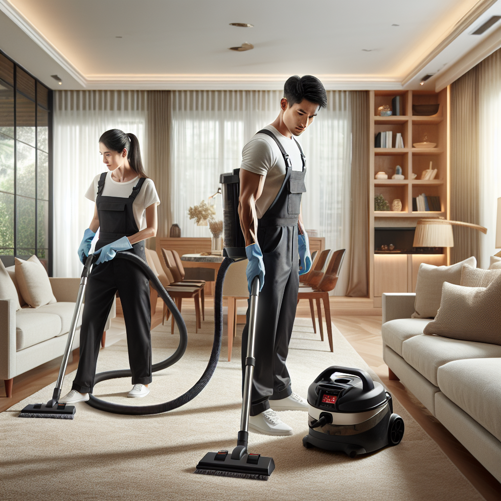 Professional deep cleaning service team working in a living room.