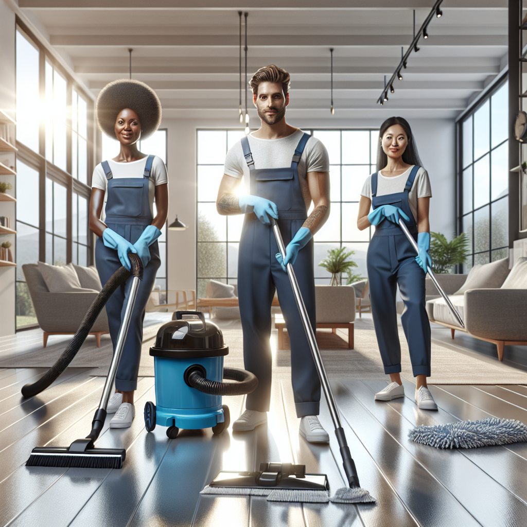 Professional deep cleaning service in a modern living room with diverse cleaners at work.