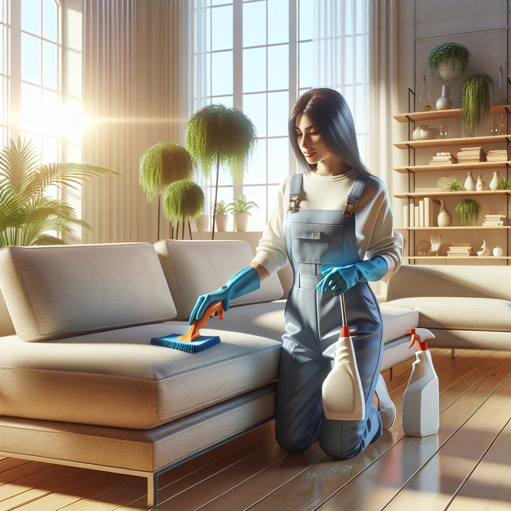 A professional cleaner deep cleaning a spacious room with a modern beige sofa and bright sunlight.