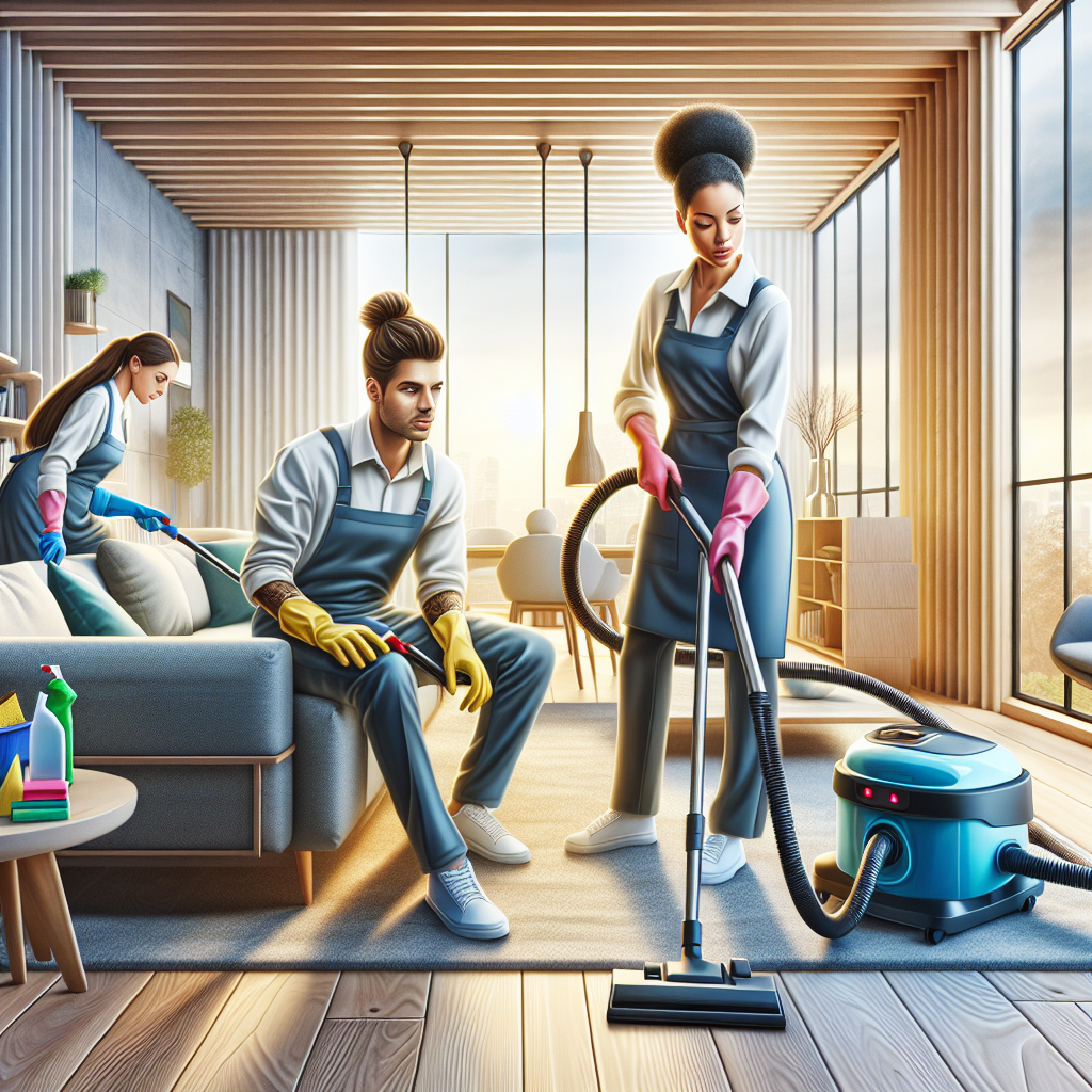 Professional deep cleaning service team working in a bright living room.