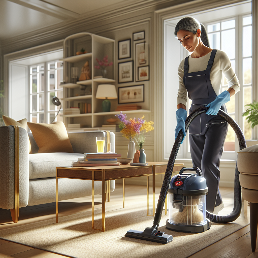 A professional cleaner deep cleaning a living room, showcasing cleaning techniques and equipment.