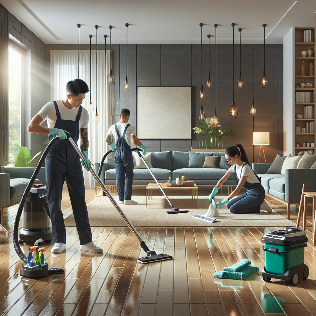 A professional deep cleaning crew working in a modern living room.