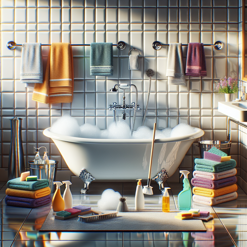 A clean and organized bathroom scene showcasing deep cleaning supplies and a pristine bathtub.