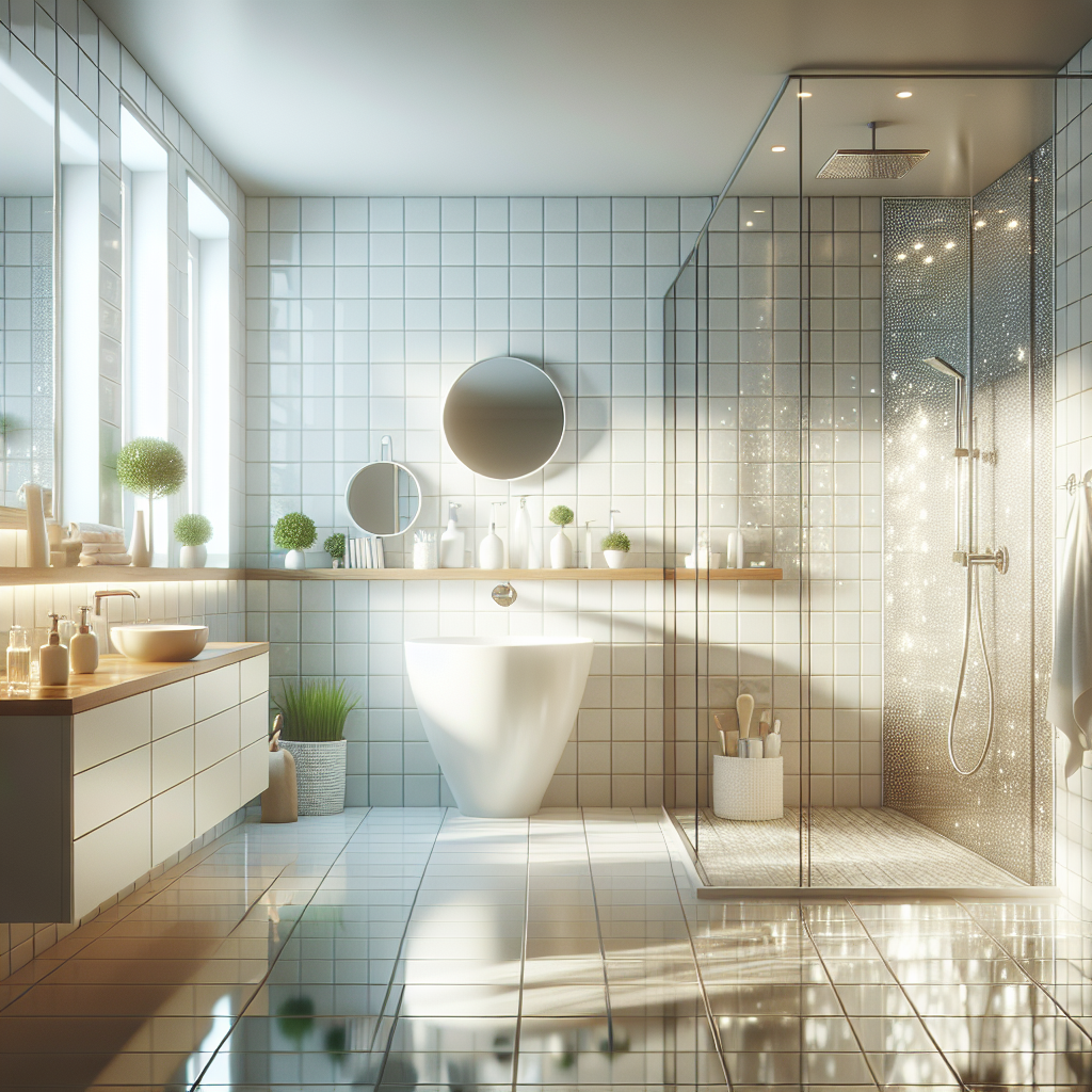 A clean, modern bathroom with sparkling tiles and a bright atmosphere.
