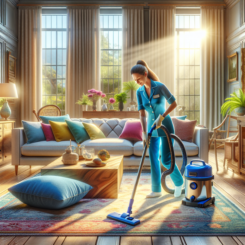 A woman cleaning a living room carpet with a vacuum cleaner.