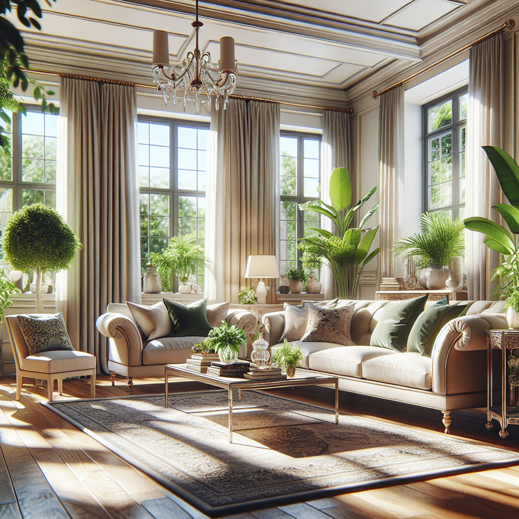 A clean and organized living room with a beige sofa, wooden coffee table, and sunlight streaming through windows.