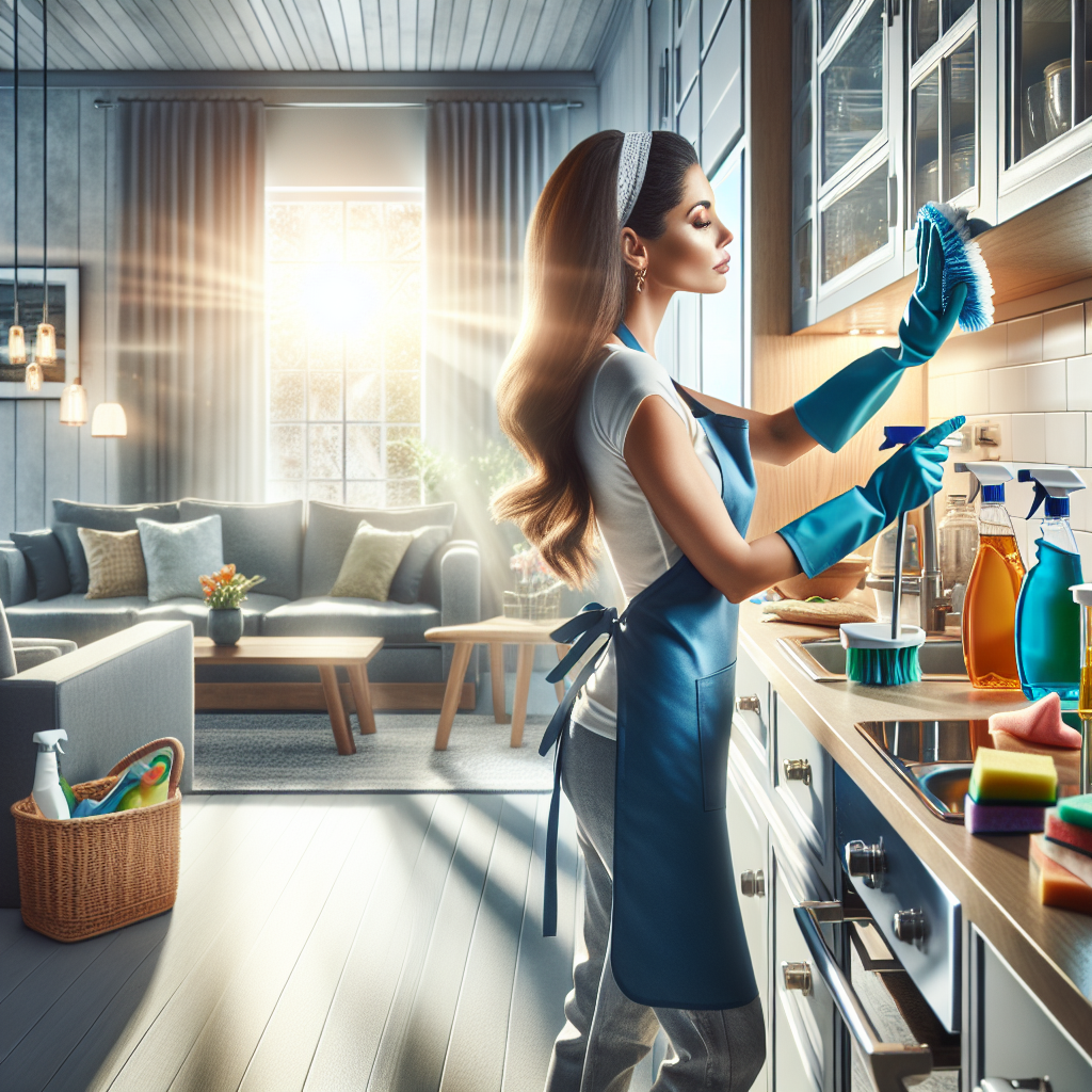 A woman deep cleaning a kitchen in a modern home, emphasizing cleanliness and bright atmosphere.