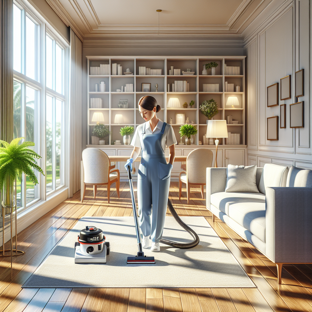 A professional woman vacuuming a clean living space, emphasizing thorough deep cleaning.