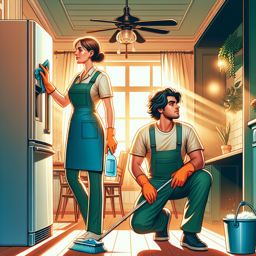Professional cleaners deep cleaning a kitchen, one cleaning behind a refrigerator and the other dusting a ceiling fan.