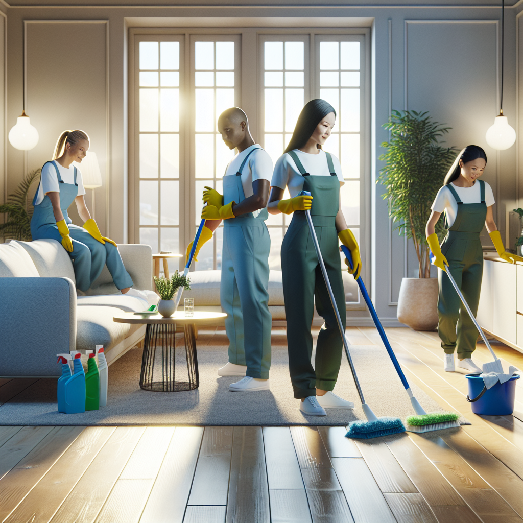 A group of diverse cleaners deep cleaning a living room.