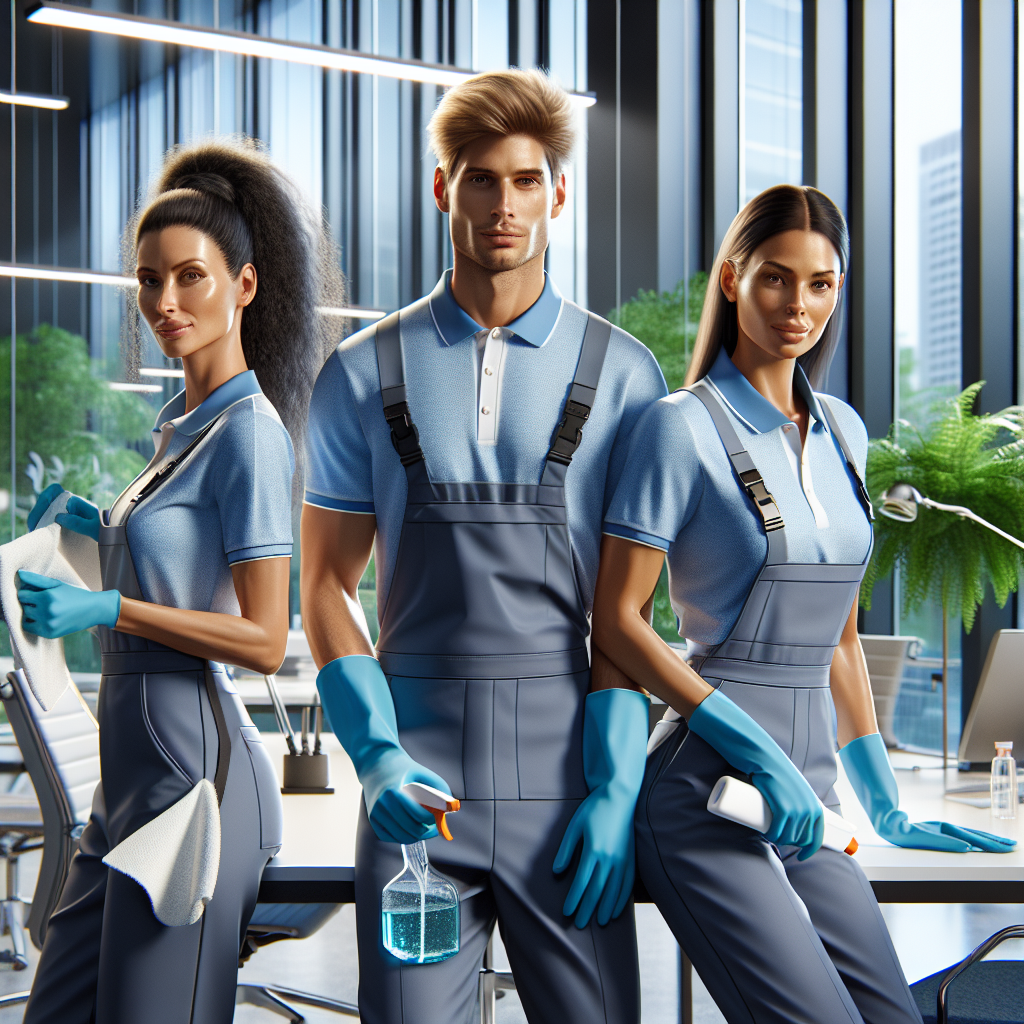 A team of professional cleaners in a modern office, using eco-friendly products.