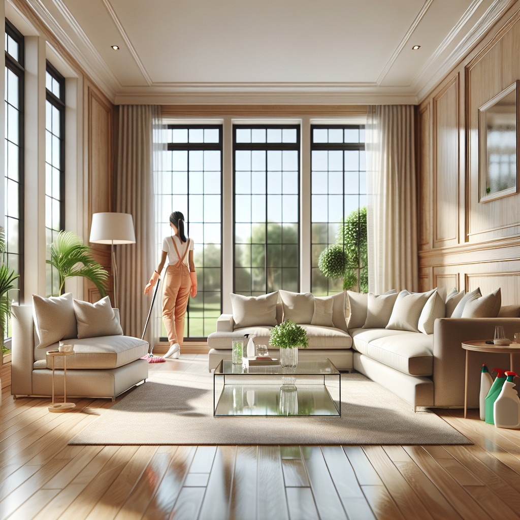 A clean and inviting living room with a professional cleaner at work.