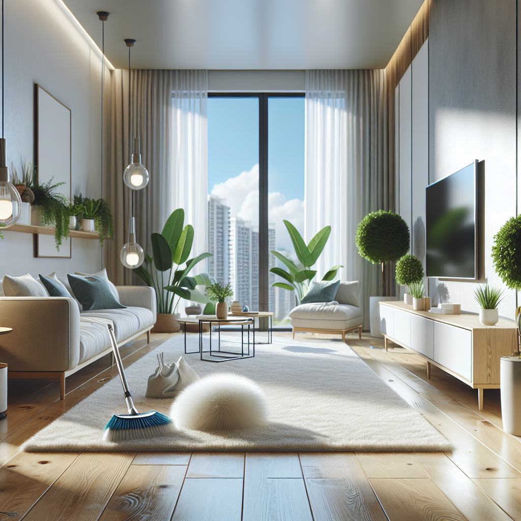 A pristine and well-organized modern living room illustrating the concept of professional cleaning services.